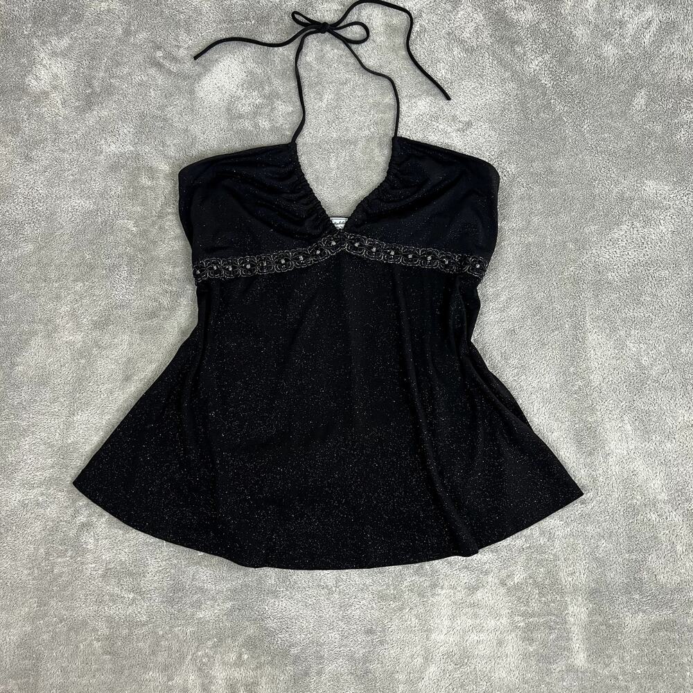 Vintage Y2K Halter Top Womens M/L Black Sparkle Babydoll Whimsygoth